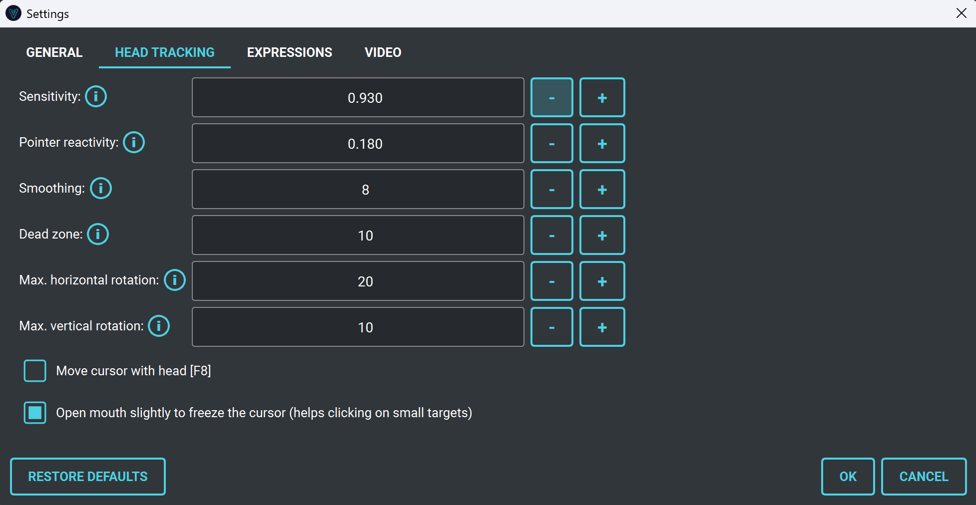HeadControl Interface: head tracking settings