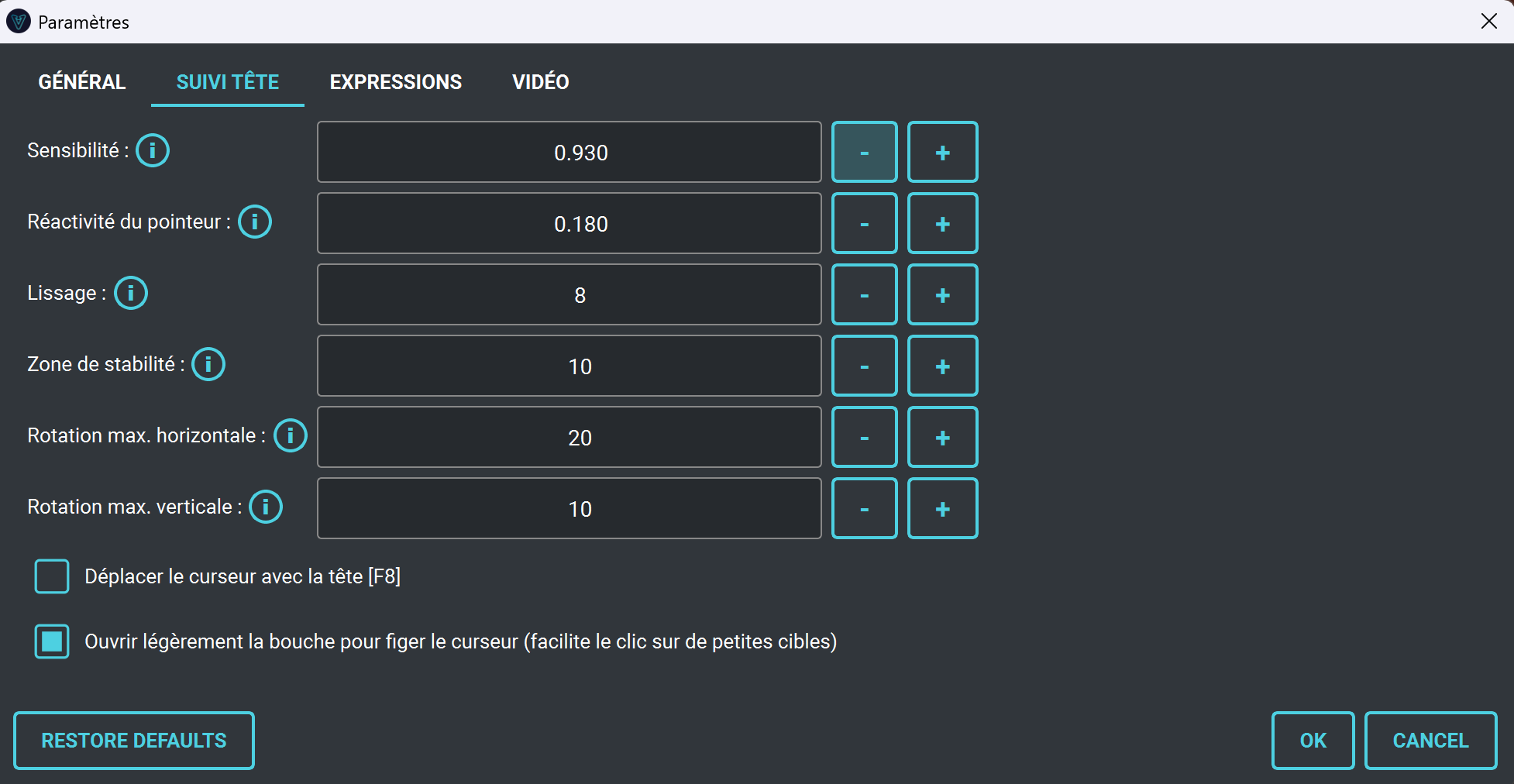 Interface HeadControl — Paramètres du suivi de tête